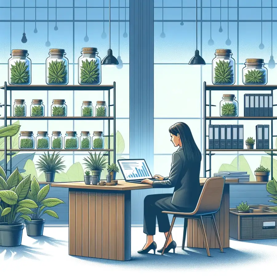 Here is the illustration depicting the concept of Kratom merchant accounts, set in a modern, nature-inspired office.