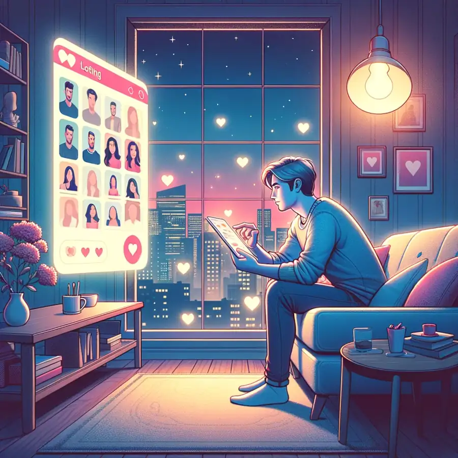 Here's the digital illustration depicting the concept of online dating, set in a cozy and modern living room environment.