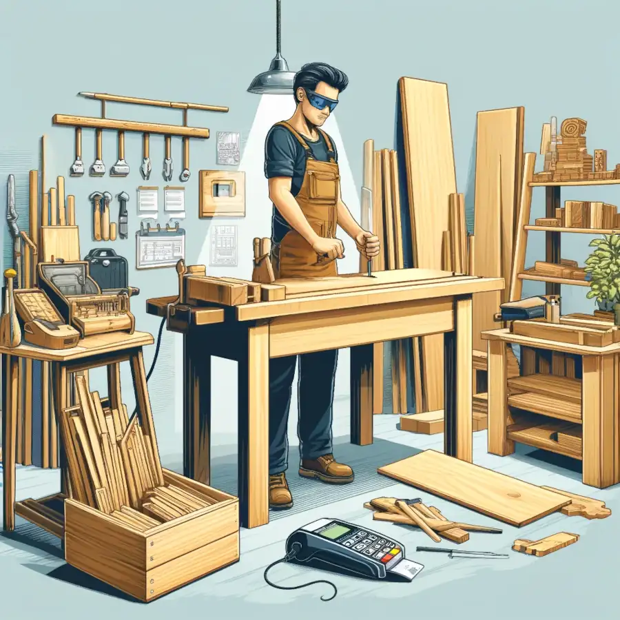 Here is the illustration depicting a carpenter merchant account concept, featuring a carpenter's workshop.