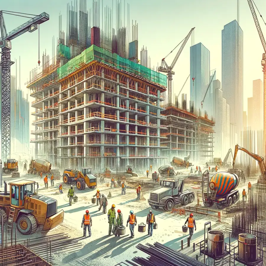 Here's the digital illustration depicting a vibrant and busy construction site.