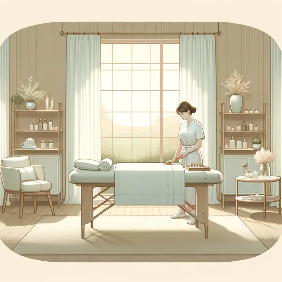 Here is the illustration of a serene and professional massage therapy office