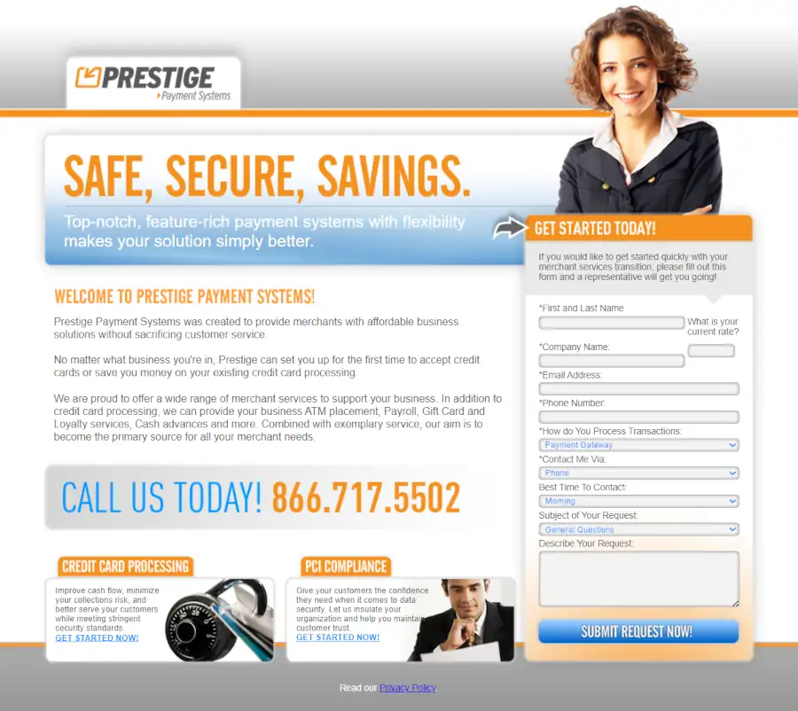 a screen capture of the prestige payment systems homepage