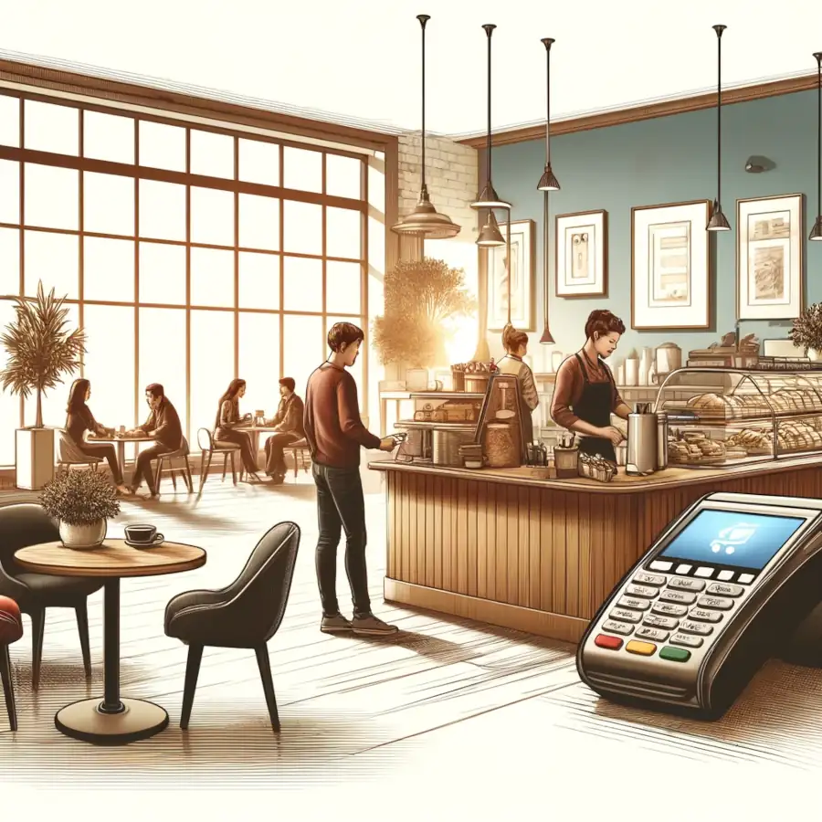 Here is the illustration depicting a cafe merchant account concept, showing a cozy and modern cafe interior.