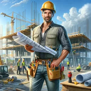 Here is the illustration of a confident contractor at a construction site.