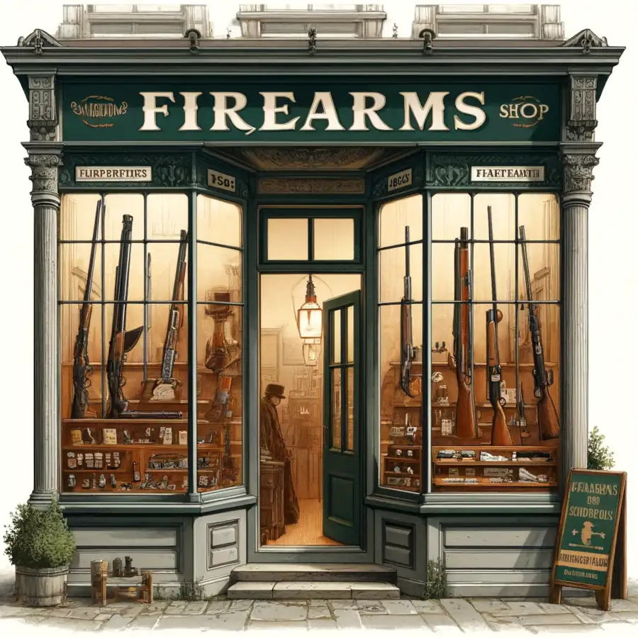 An illustration of a firearms shop, depicted from the outside.