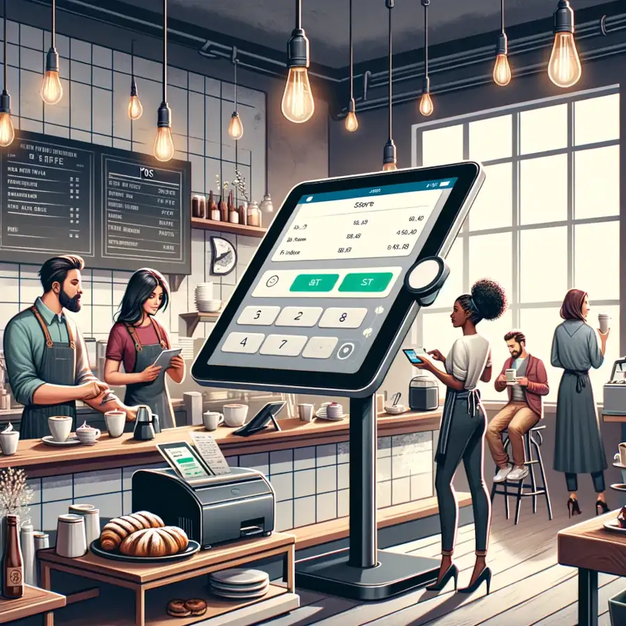 Image of an ipad in a modern cafe setting.