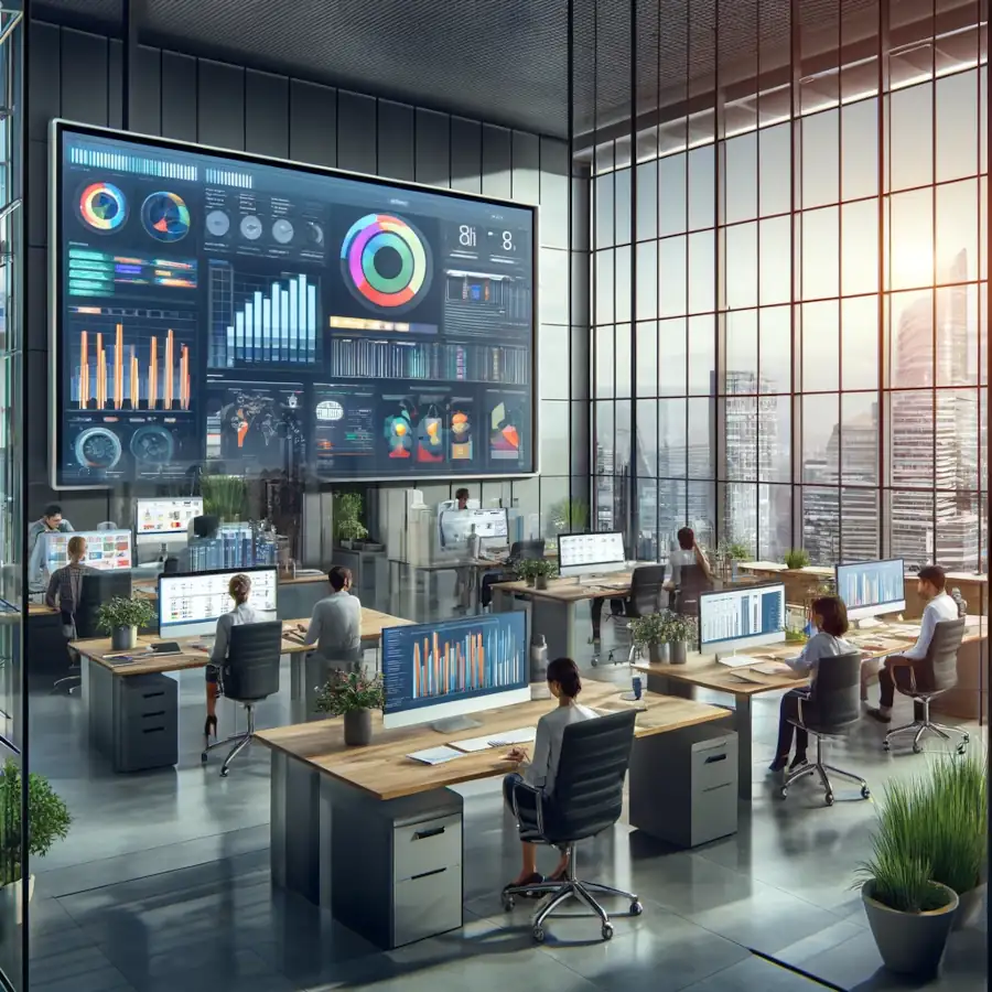 Here is the illustration depicting a modern corporate office environment, symbolizing NetSuite software in use.
