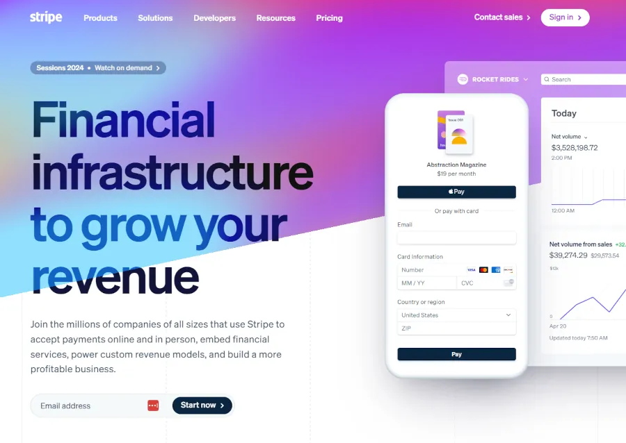 screen capture of the stripe homepage